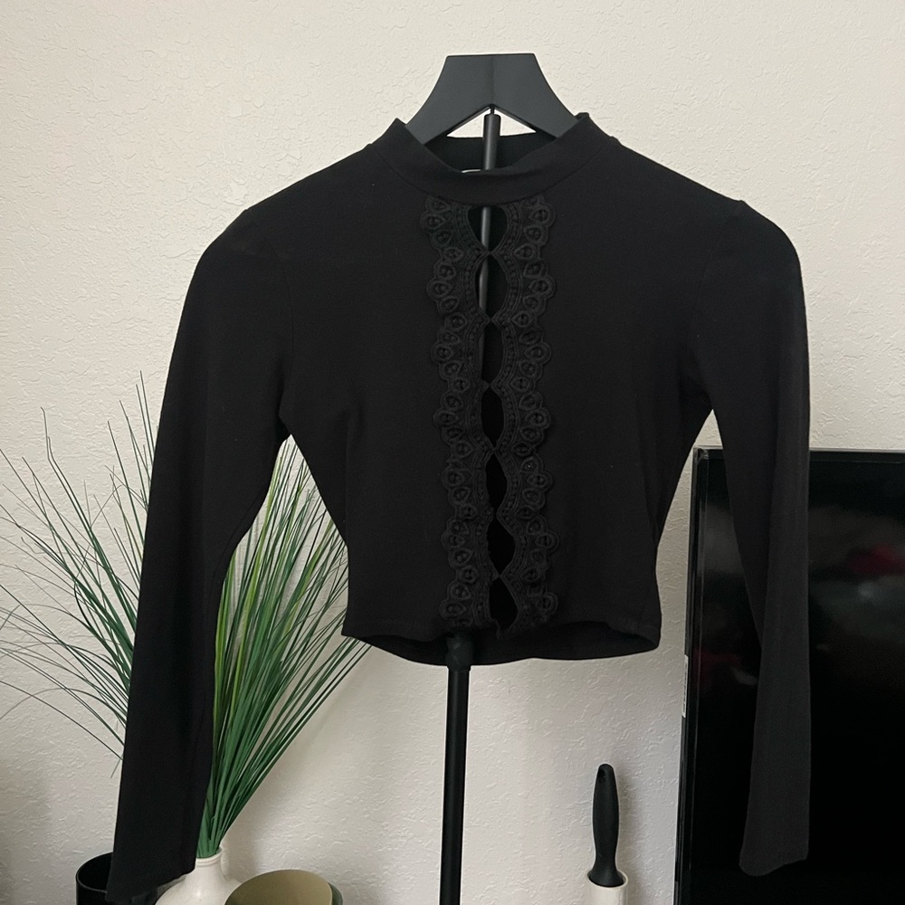 Charlotte Russe Black Long Sleeve Top with Lace Accents